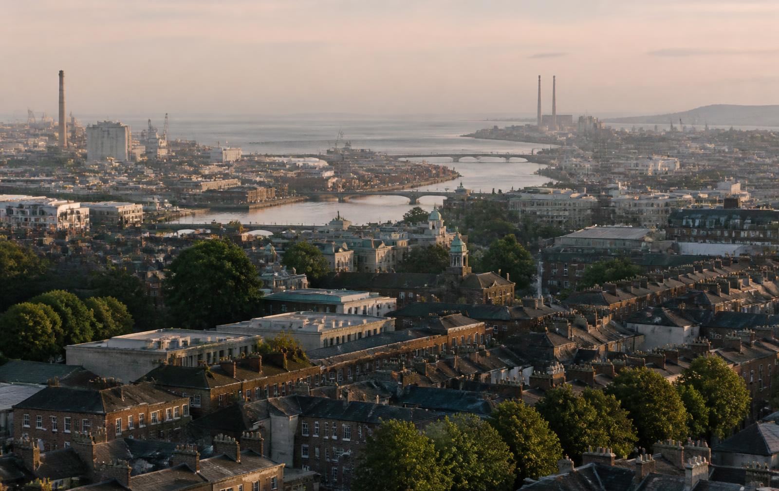Dublin rooftops, tree-lined streets and the river running out to the bay in warm evening light.